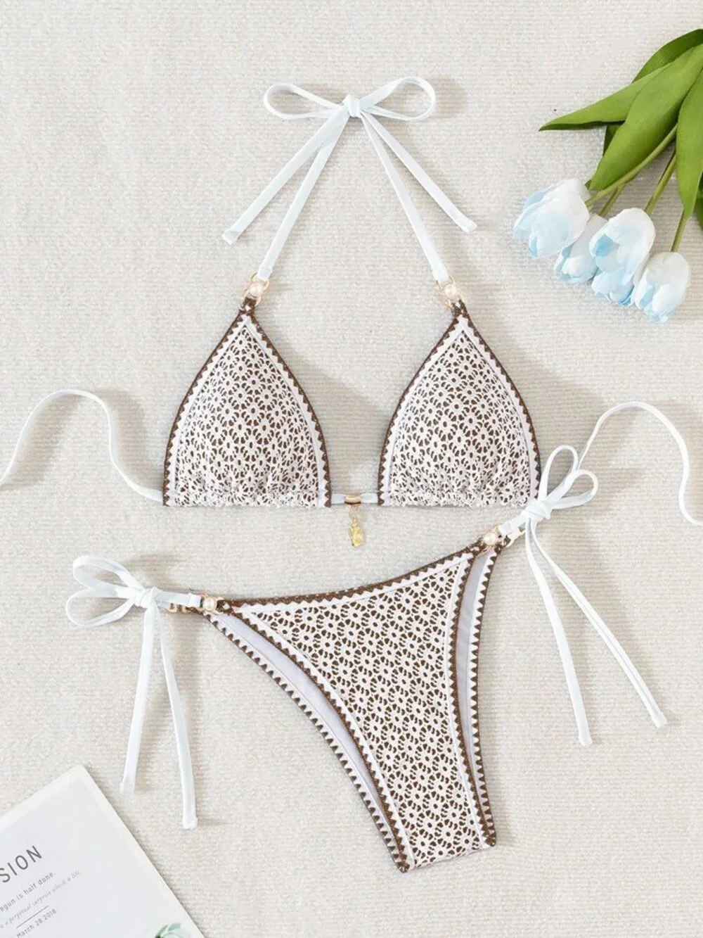 Coffee Brown Women's Hollow Out Shell Detail Sexy Triangle bikini